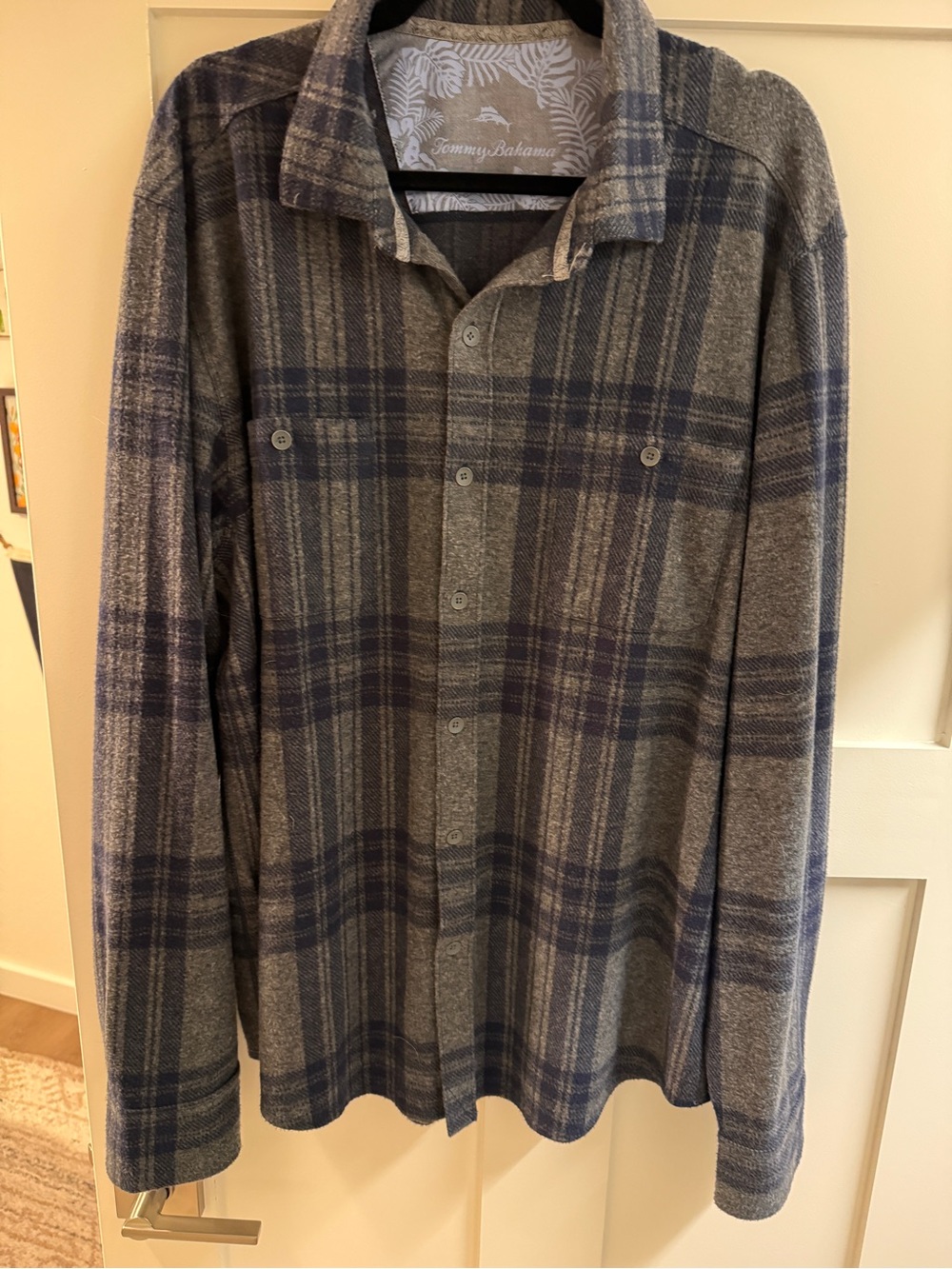 Tommy Bahama Gray and Blue Knit Plaid Button-Front Shirt